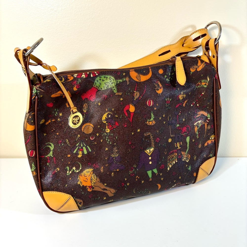 Piero Guidi Magic Circus Shoulder Purse Handbag Brown Leather Medium Size Charm